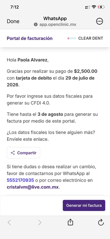 Enlace personal para facturar, recibido por WhatsApp