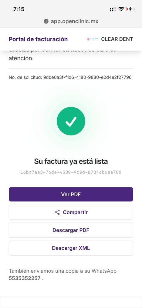 Factura entregada en PDF y XML por WhatsApp